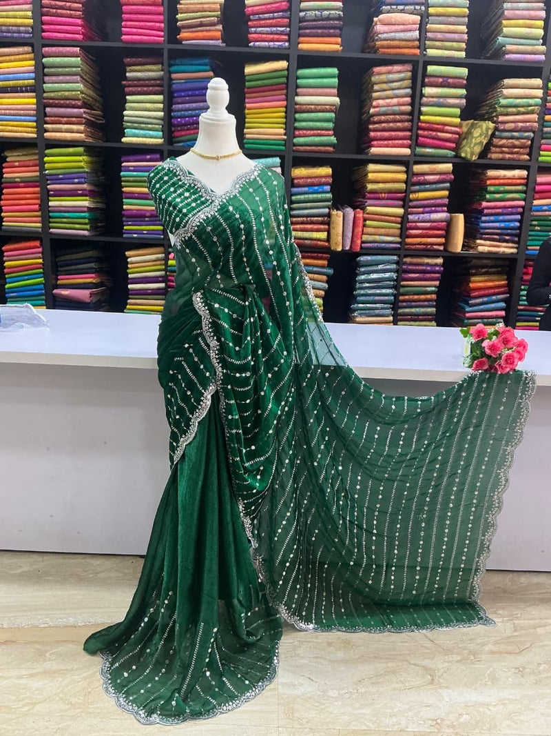 Premium Space Silk Designer Saree – Dark Green with Stone Work Border | Sri Nandhini Tex | SNTSS005
