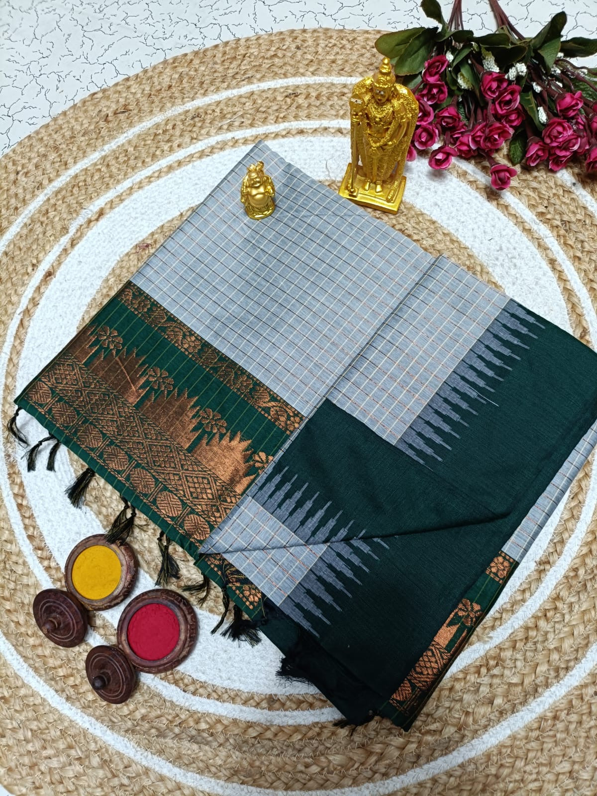 Kalyani Cotton Saree in Elegant Grey with Dark Green Contrast Zari Border and Rich Traditional Pallu for Festive Wear