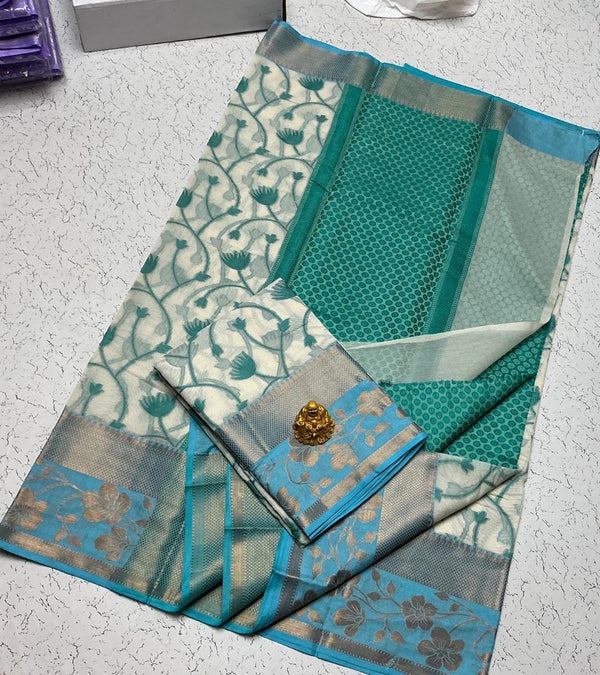 Semi Kanchipuram Soft Cotton Saree – White with Blue Floral Zari