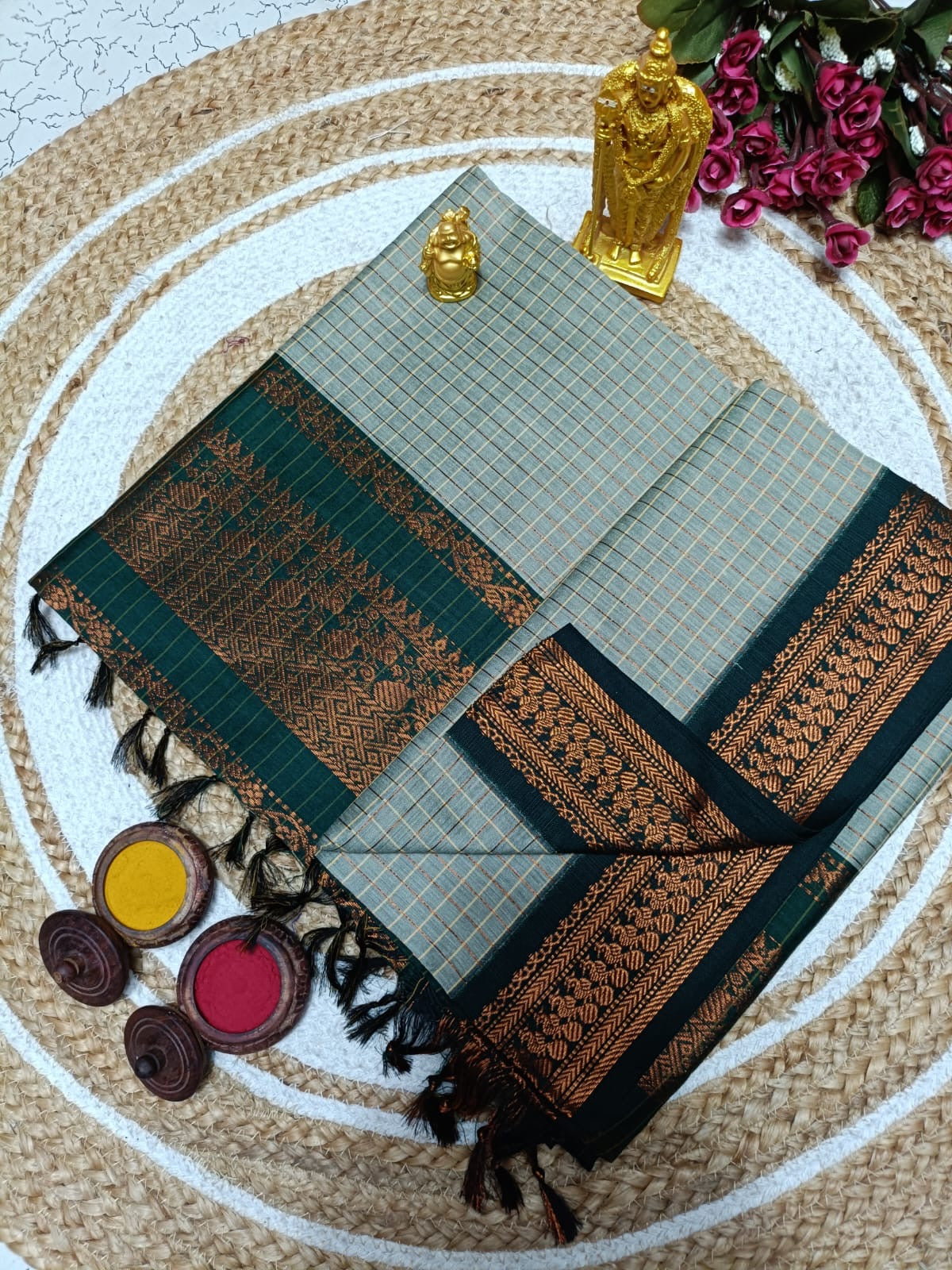 Kalyani Cotton Saree in Light Grey with Deep Green Zari Border and Classic Temple Weaving Pallu for Elegant Styling