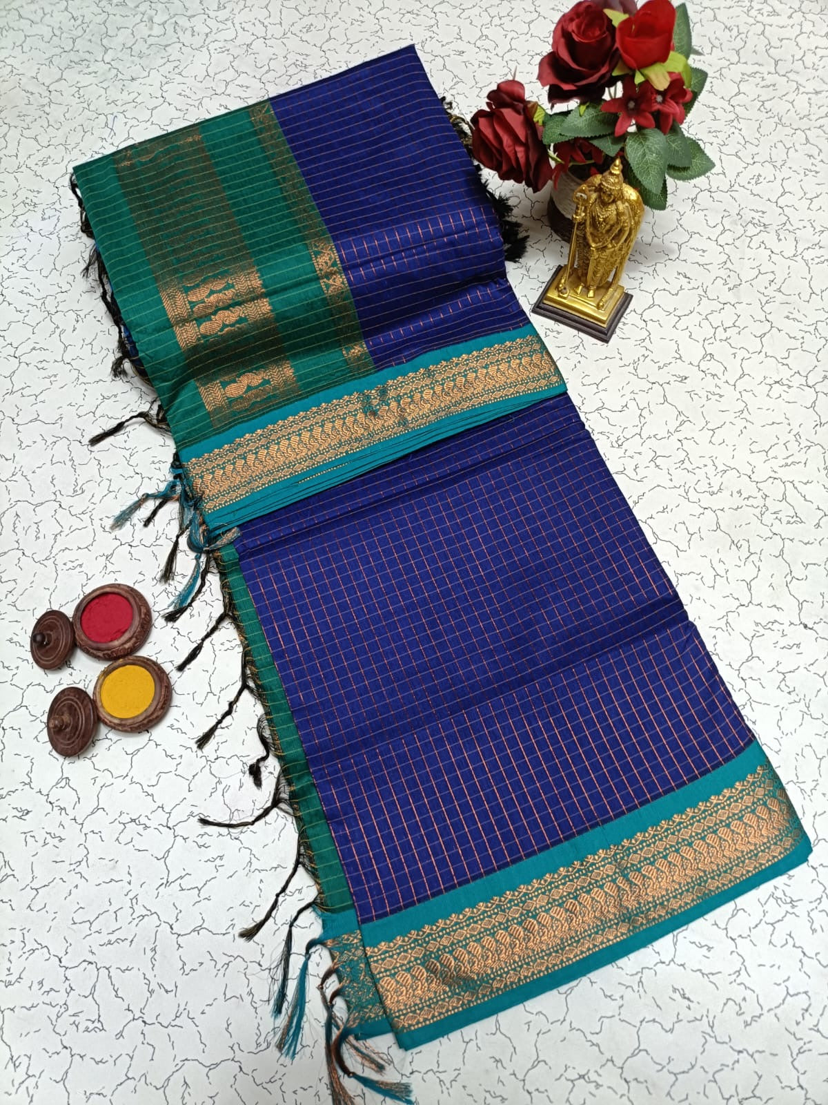 Kalyani Cotton Saree in Royal Blue with Teal Green Contrast Zari Border and Premium Check Design for Traditional Look