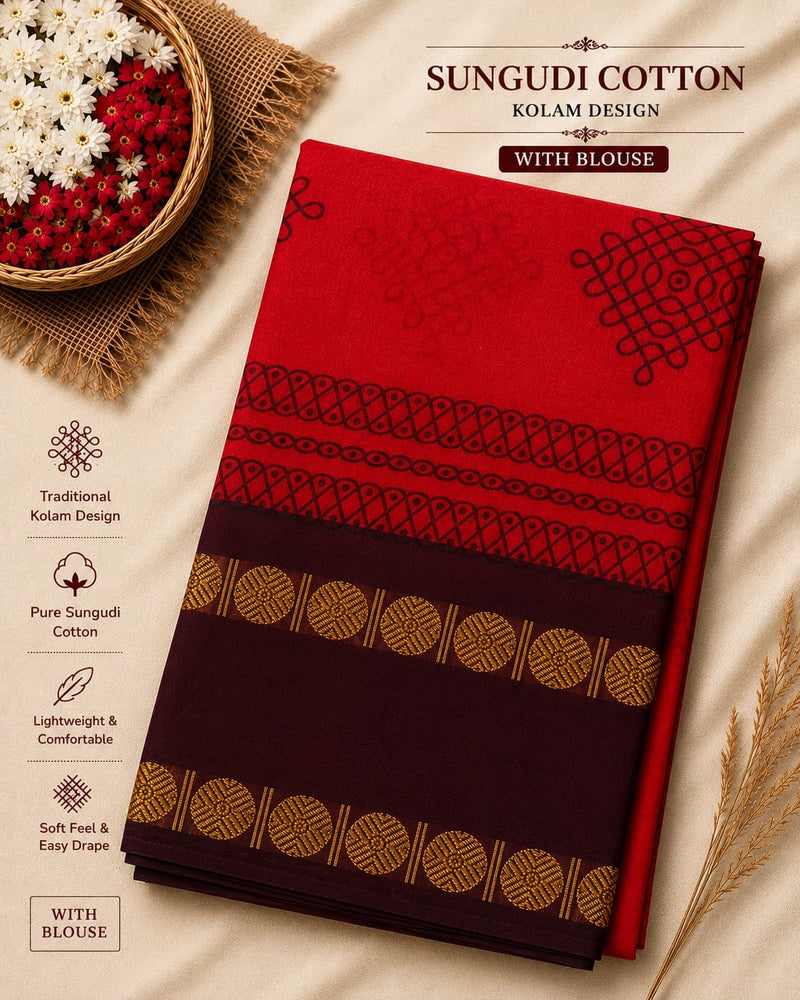 Premium Sungudi Cotton Kolam Design Saree – Classic Red with Maroon Contrast Border | Sri Nandhini Tex | SNTSC002