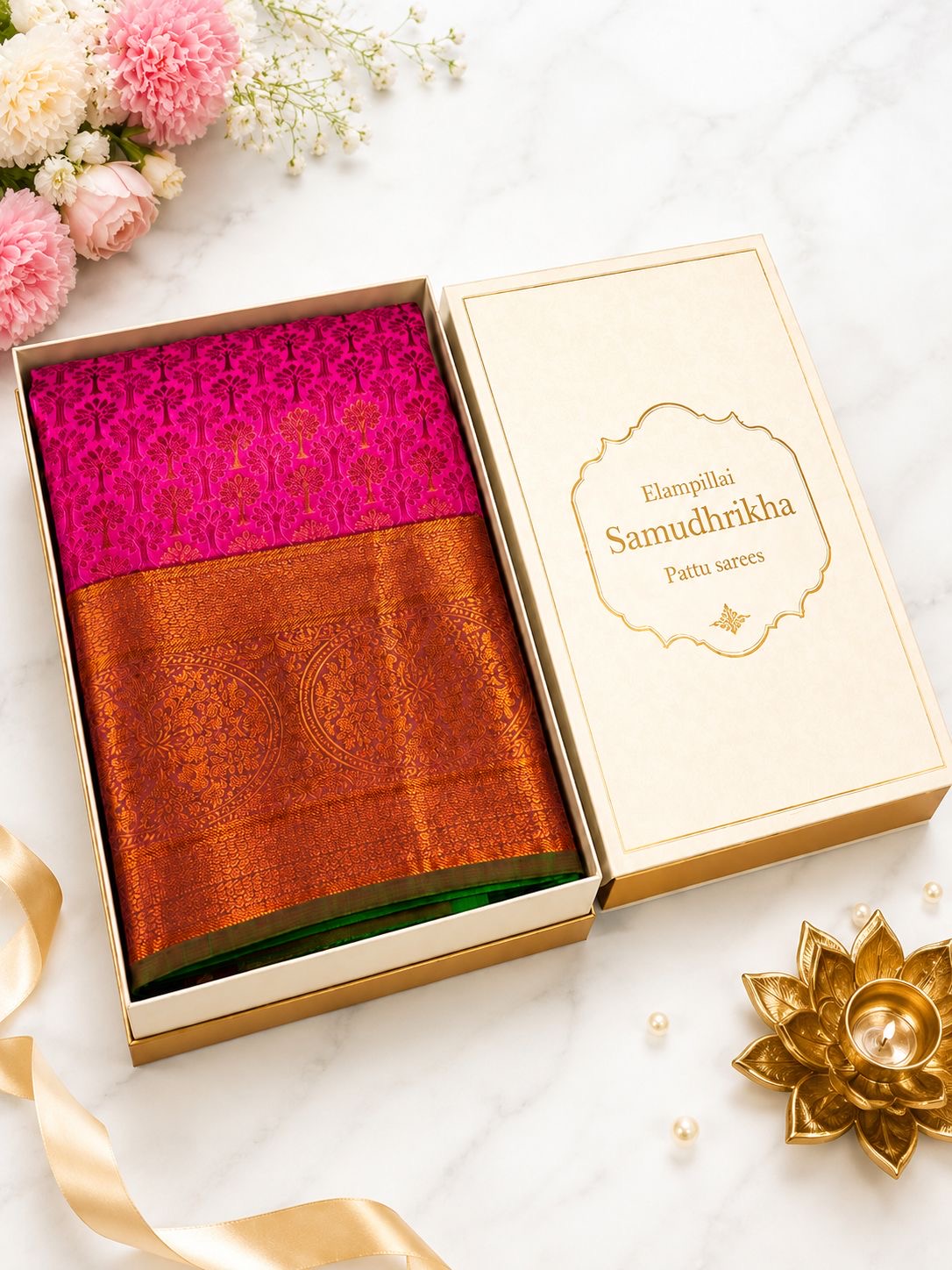 Premium Elampillai Samudhrikha Pattu Saree – Fuchsia Pink with Copper Gold Temple Border | Traditional Wedding Silk Saree | Sri Nandhini Tex | SNTSP009