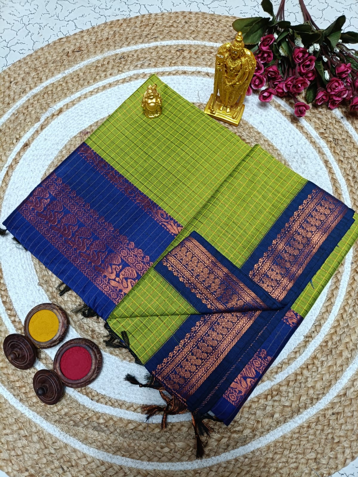 Kalyani Cotton Saree in Parrot Green with Navy Blue Contrast Zari Border and Grand Traditional Weaving Pallu