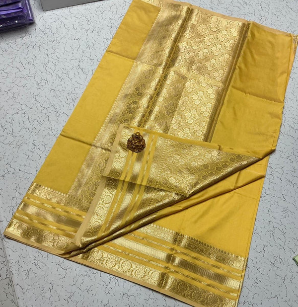 Semi Kanchipuram Soft Silk Saree – Mustard Yellow with Golden Border