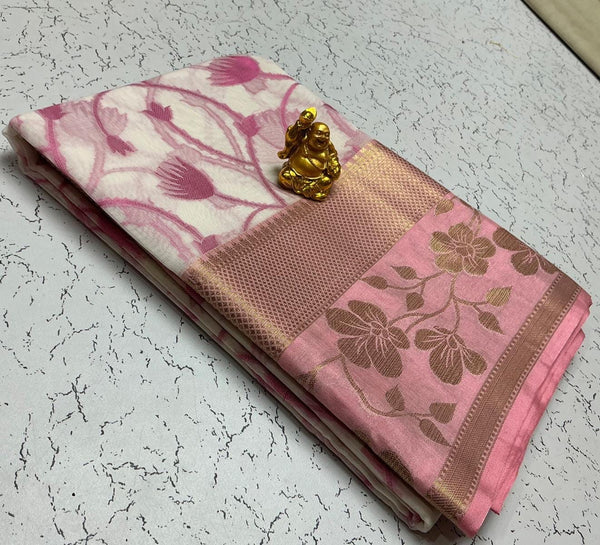 Semi Kanchipuram Soft Cotton Saree – White with Pink Floral Design