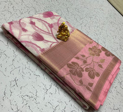 Semi Kanchipuram Soft Cotton Saree – White with Pink Floral Design