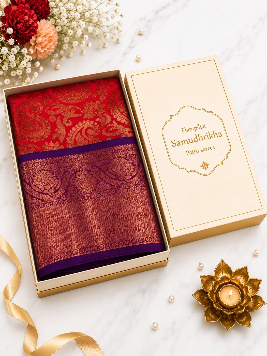 Premium Elampillai Samudhrikha Pattu Saree – Vermilion Red with Royal Purple Contrast Border | Traditional Wedding Silk Saree | Sri Nandhini Tex | SNTSP010