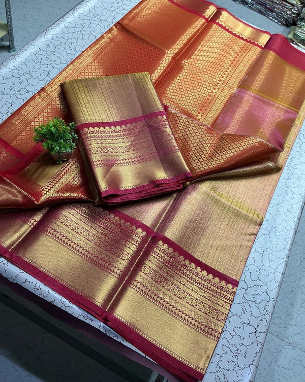 Sneha Inspired Saree – Copper Gold with Red Zari Border