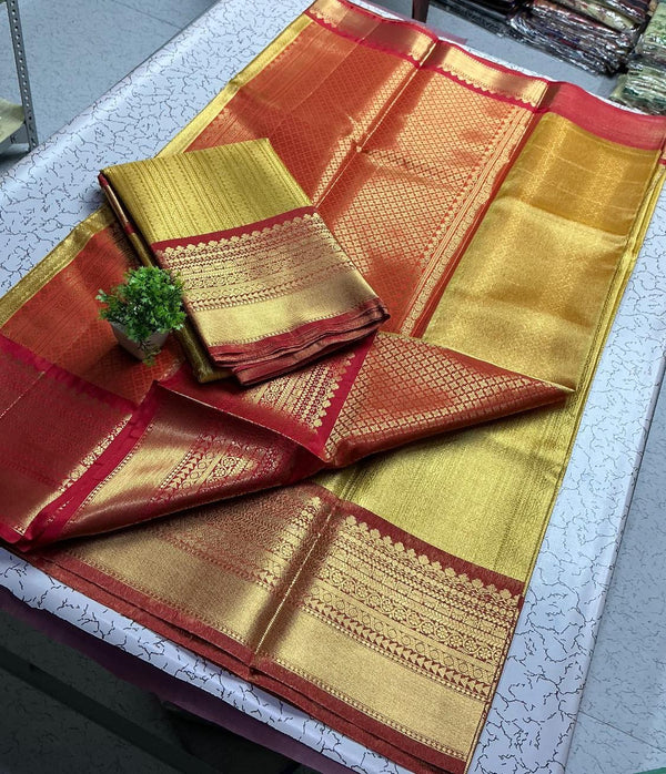 Sneha Inspired Saree – Golden Yellow with Red Contrast Border