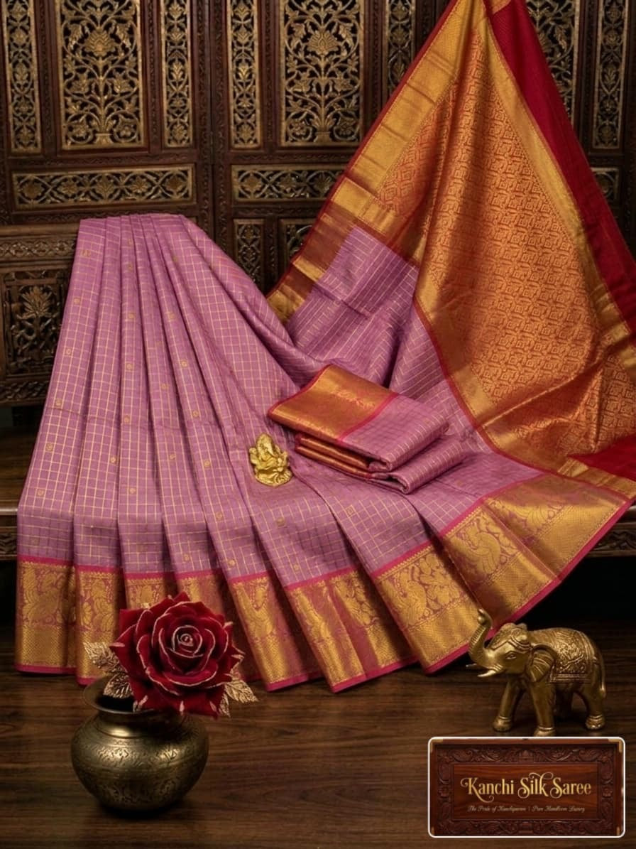 Kanchi Silk gold zari checked pink saree