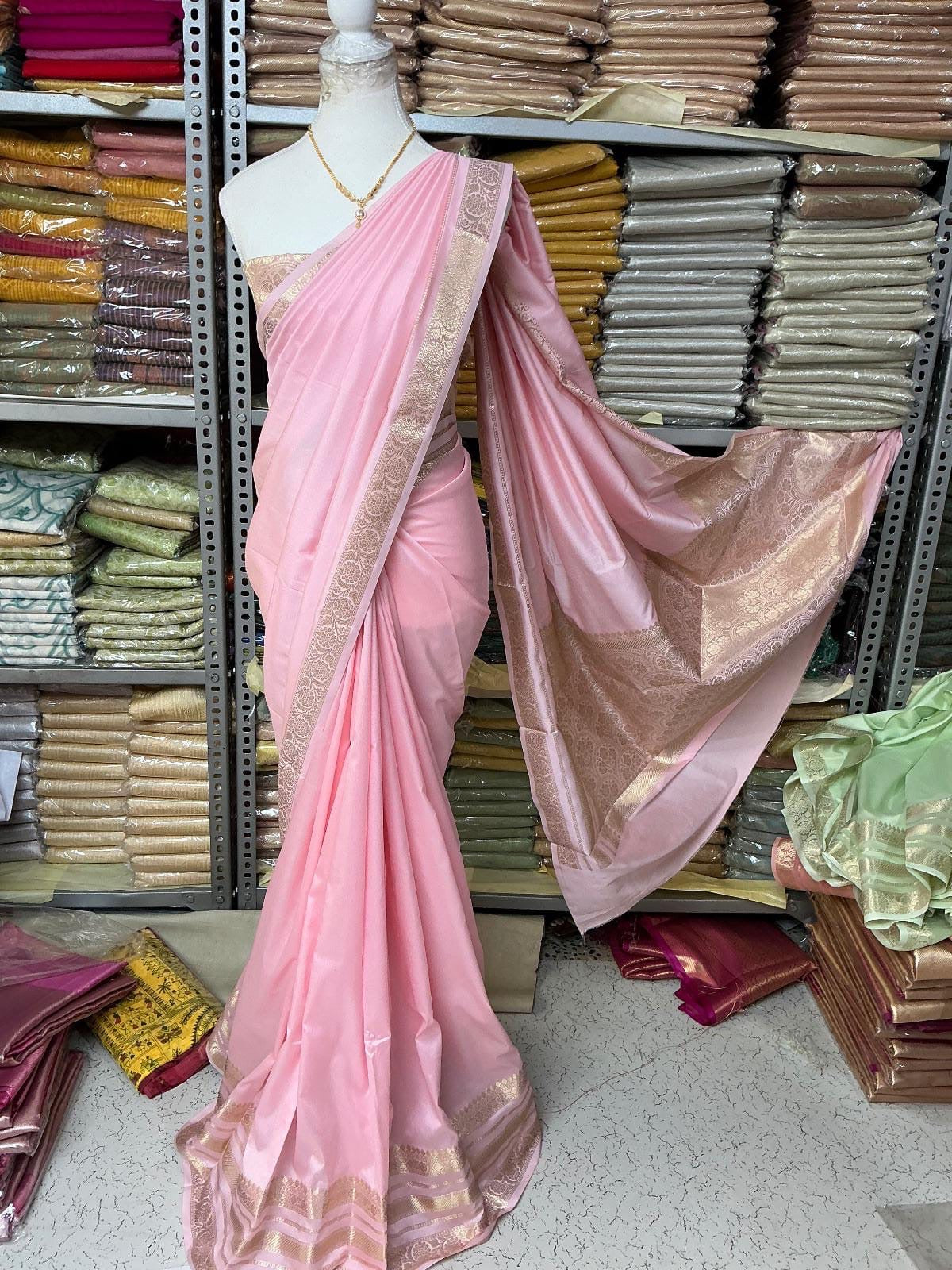 Semi Kanchipuram Soft Silk Saree – Baby Pink with Golden Zari