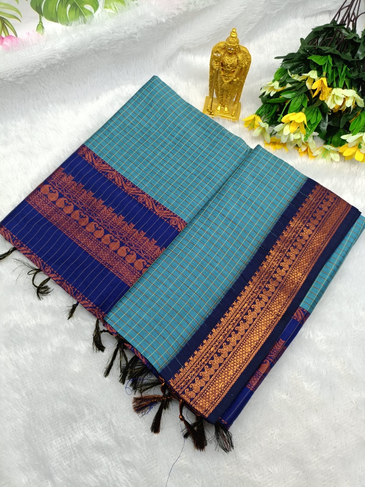 Kalyani Cotton Saree in Sky Blue with Navy Blue Contrast Zari Border and Elegant South Indian Check Design