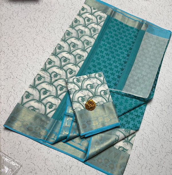 Semi Kanchipuram Soft Cotton Saree – White with Teal Blue Border