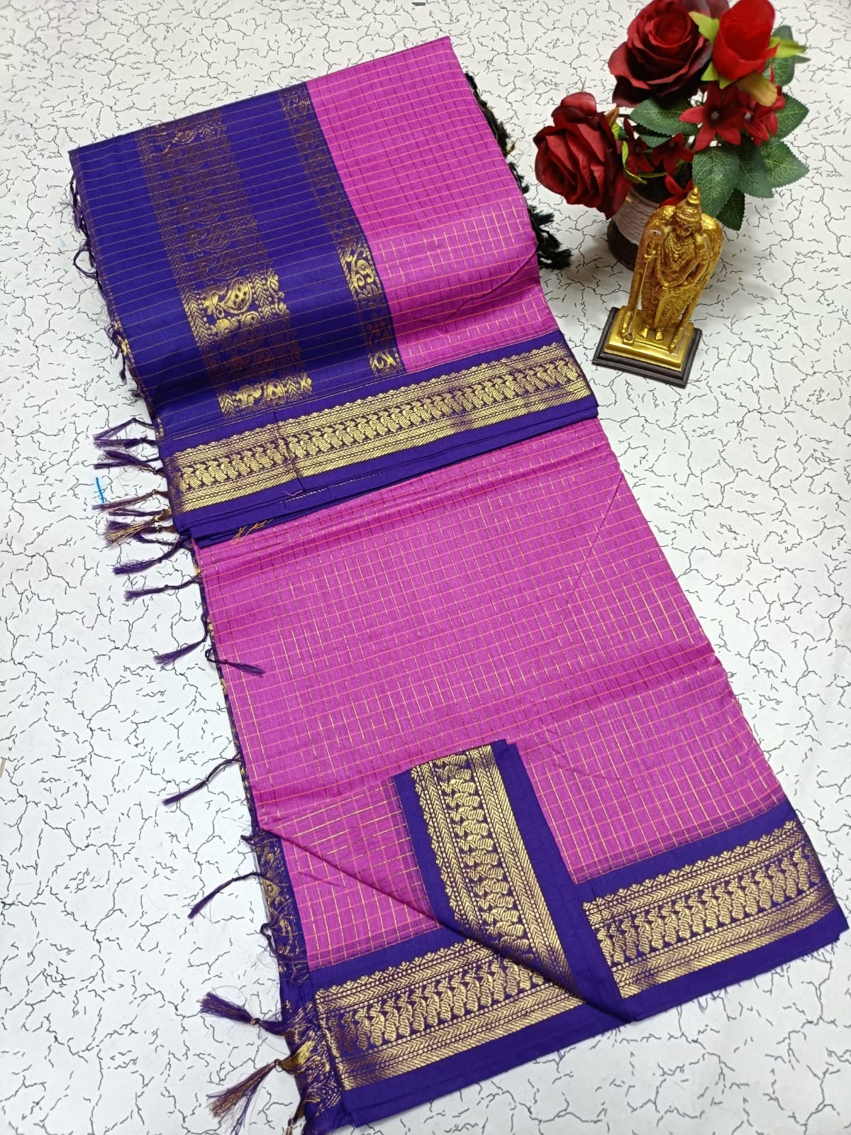 Kalyani Cotton Saree in Bright Pink with Deep Purple Contrast Zari Border and Rich Traditional Pallu for Wedding Wear
