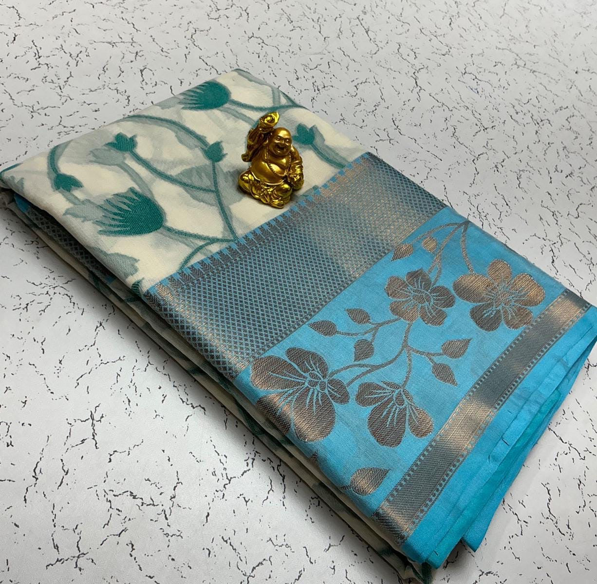 Semi Kanchipuram Soft Cotton Saree – White with Blue Floral Zari