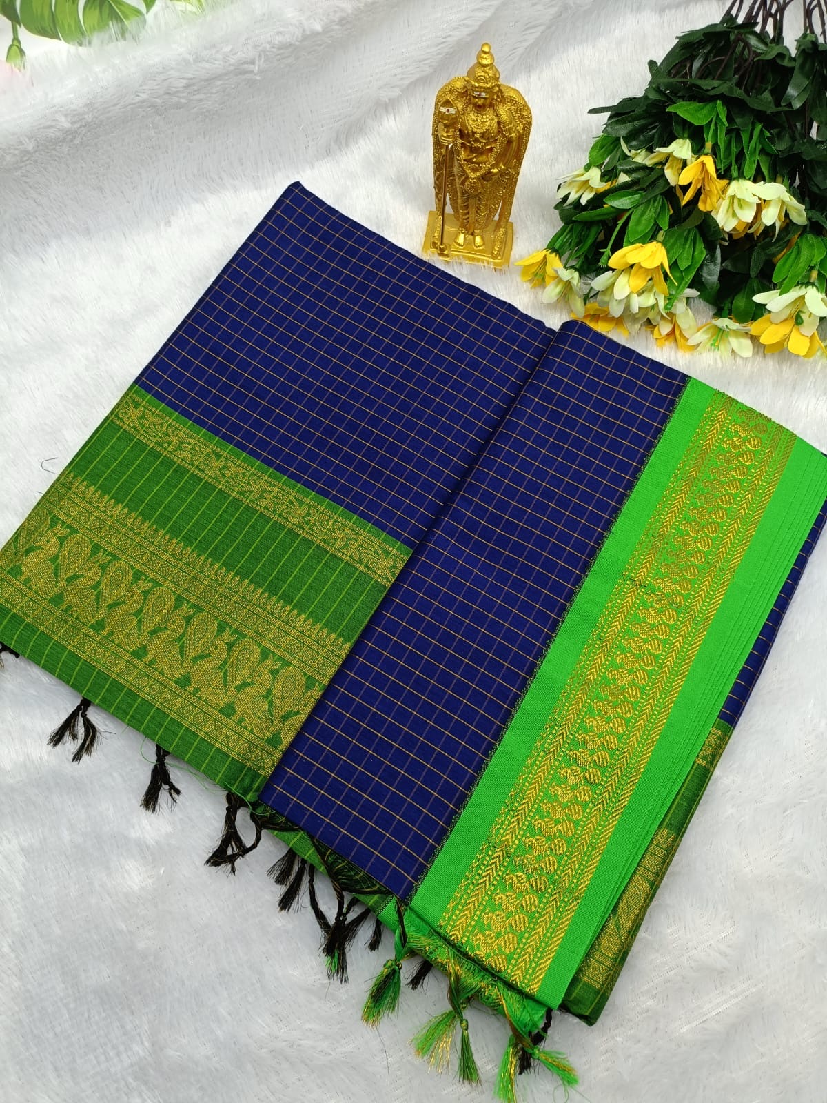 Kalyani Cotton Saree in Navy Blue with Parrot Green Contrast Zari Border and Elegant Check Design for Traditional Wear