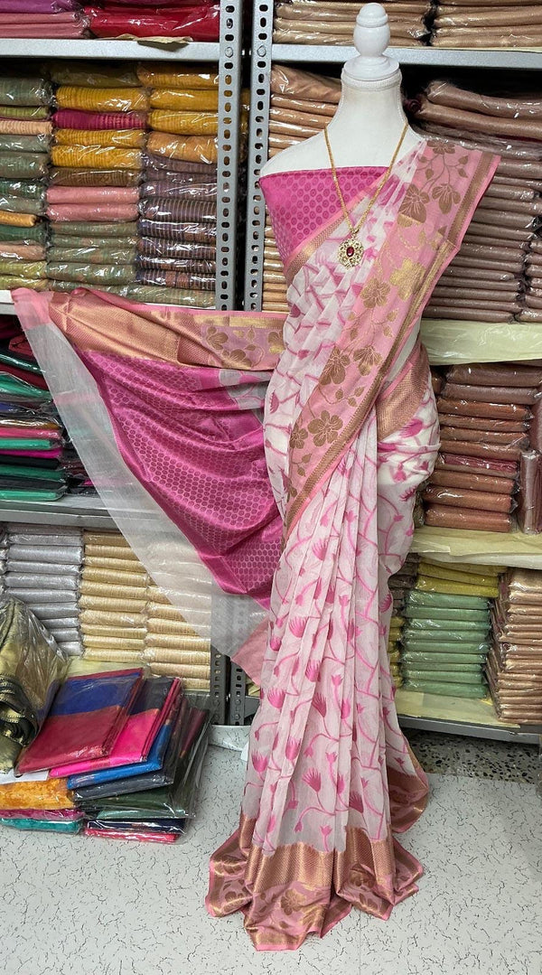 Semi Kanchipuram Soft Cotton Saree – White with Pink Floral Design
