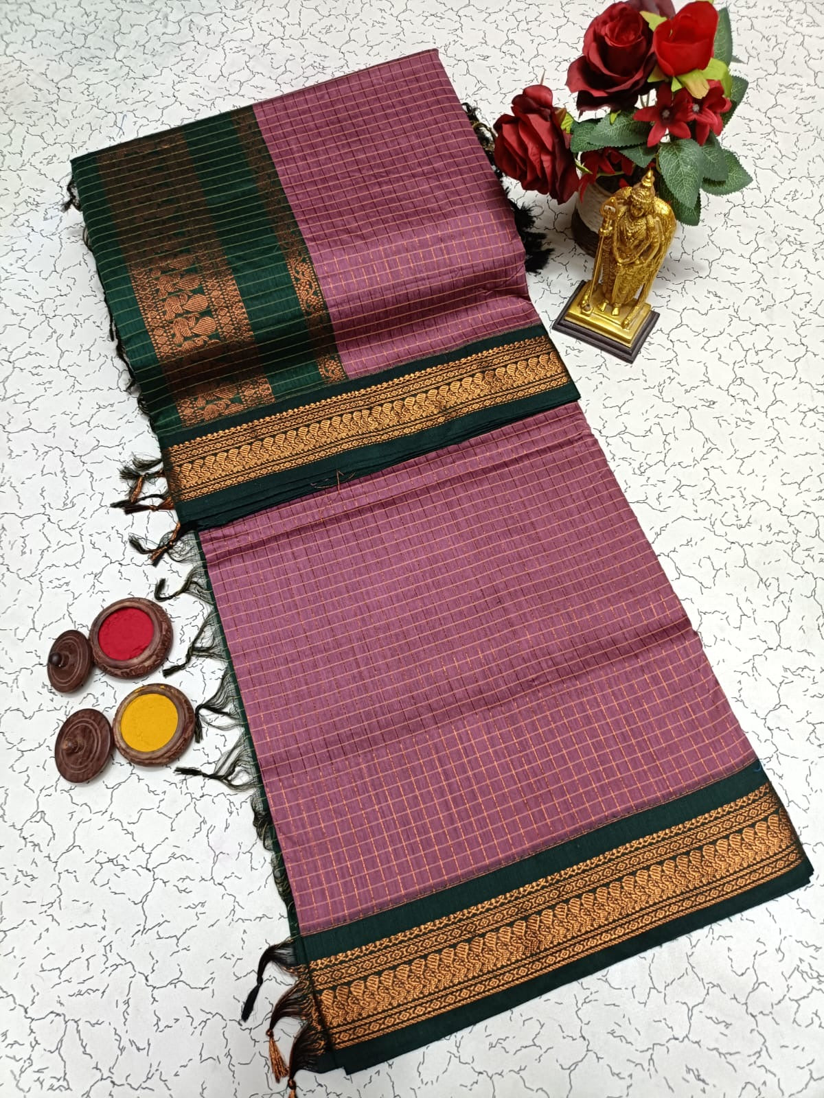 Kalyani Cotton Saree in Soft Mauve Purple with Dark Green Zari Border and Classic South Indian Traditional Weaving
