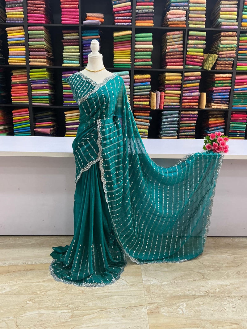 Premium Space Silk Designer Saree – Peacock Green with Stone Work Border | Sri Nandhini Tex | SNTSS006