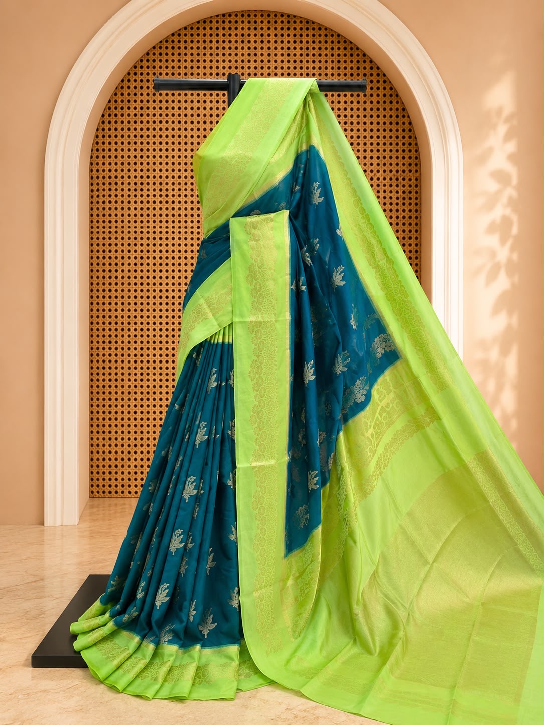 Premium Warm Silk Saree – Teal Blue with Lime Green Border | Vibrant Traditional Saree | Sri Nandhini Tex | SNTS005