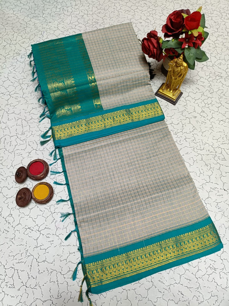 Kalyani Cotton Saree in Silver Grey with Teal Green Contrast Zari Border and Rich Traditional Pallu for Daily & Festive Wear