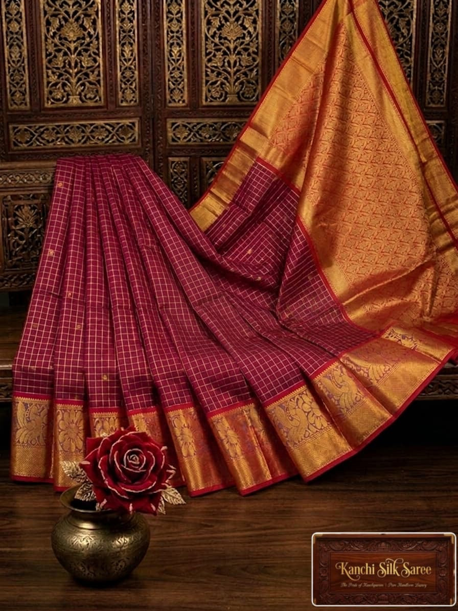Kanchi Silk gold zari checked Maroon with gold saree