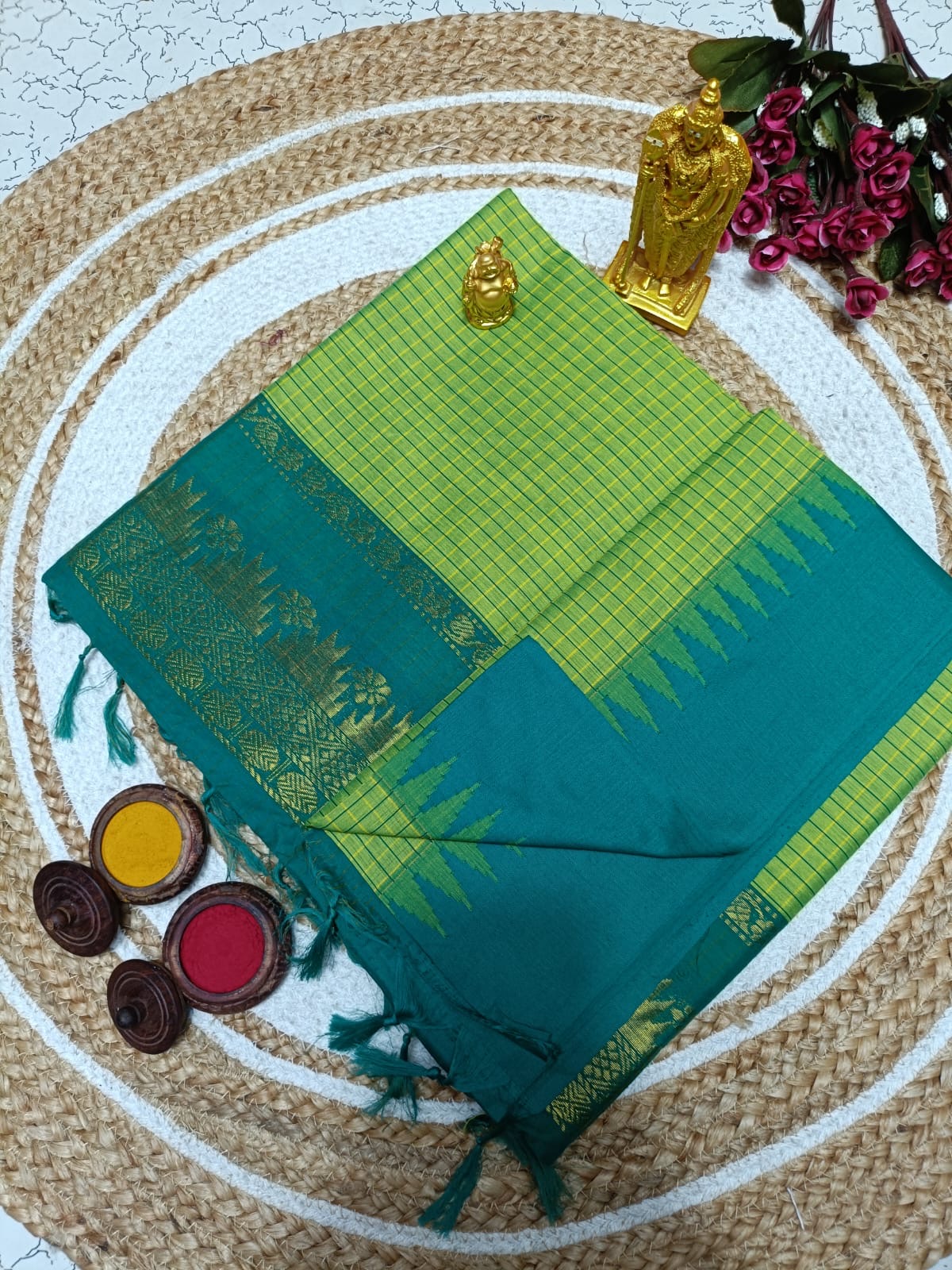 Kalyani Cotton Saree in Leaf Green with Teal Contrast Border and Minimal Zari Weaving for Elegant Traditional Styling