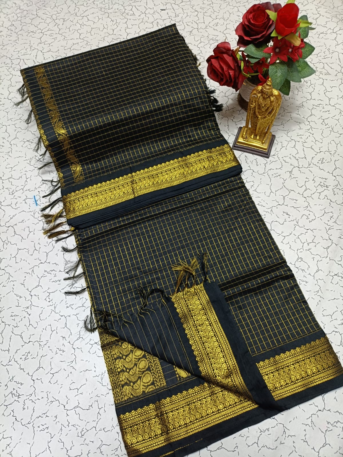 Kalyani Cotton Saree in Classic Black with Rich Gold Zari Border and Premium Traditional Pallu for Grand Occasions