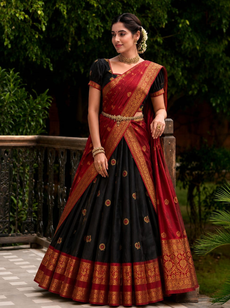 Traditional Elampillai Half Saree Set – Black & Maroon Bridal Pavadai Dhavani | Sri Nandhini Tex