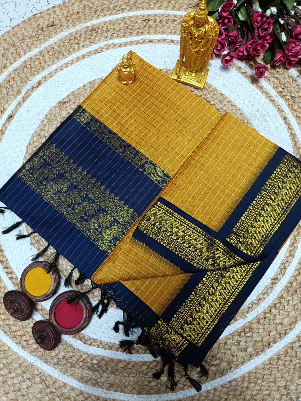 Kalyani Cotton Saree in Mustard Yellow with Navy Blue Contrast Zari Border and Classic Check Design for Festive Wear