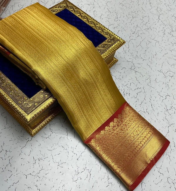 Sneha Inspired Saree – Golden Yellow with Red Contrast Border