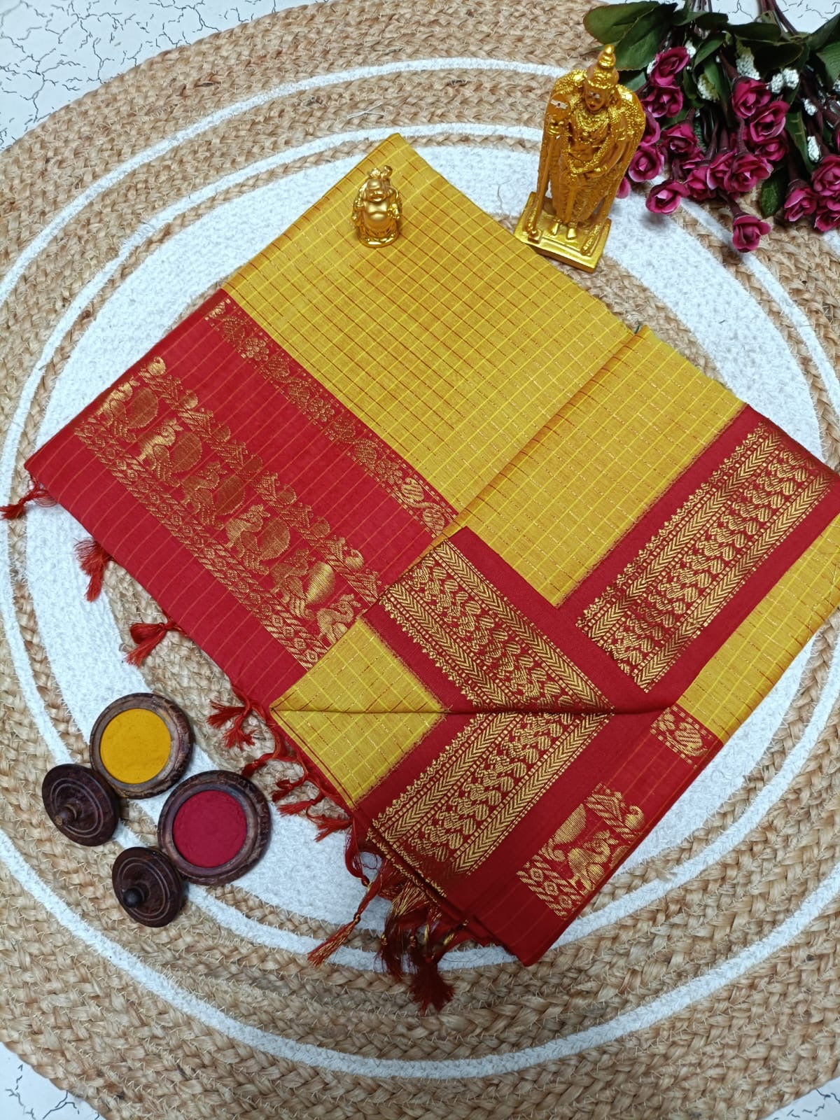 Kalyani Cotton Saree in Mustard Yellow with Rich Red Contrast Zari Border and Grand Traditional Pallu for Festive Collection