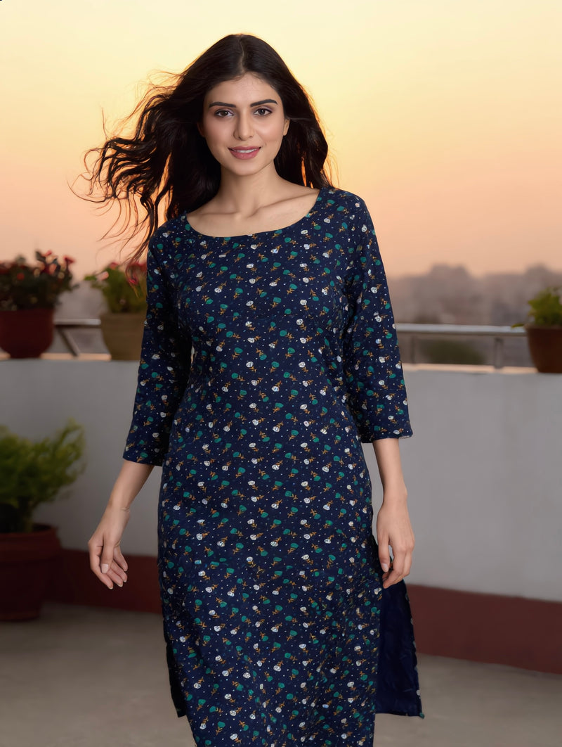 Navy Blue Ditsy Floral Print Rayon Kurti