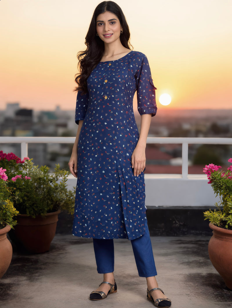 Royal Blue Scattered Floral Print Rayon Top
