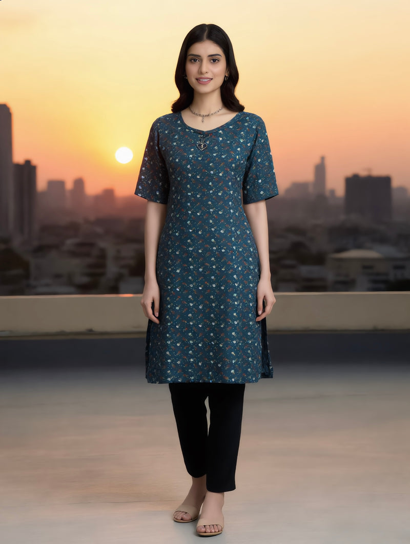 Teal Blue Scattered Floral Print Rayon Kurti