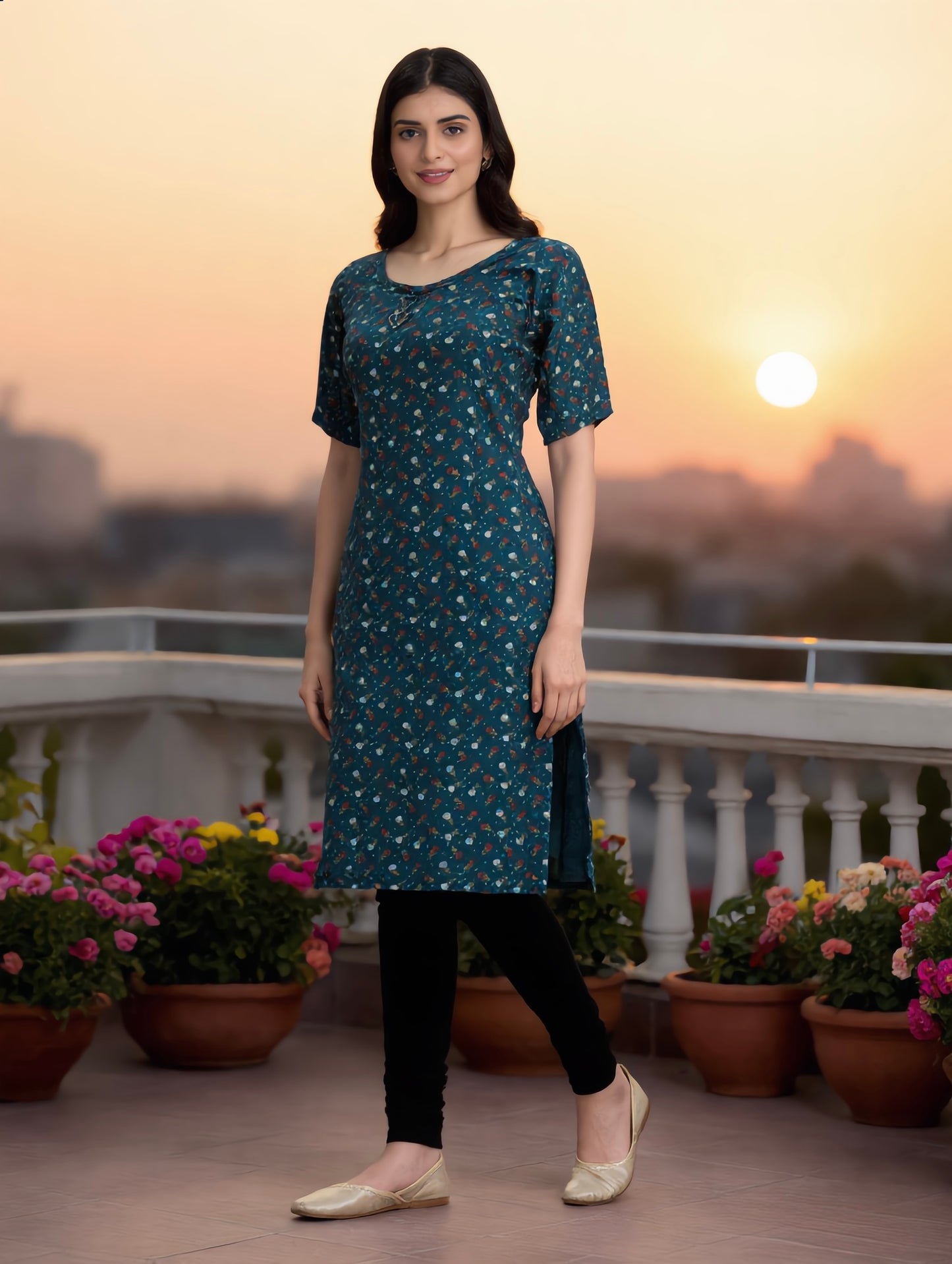 Teal Blue Scattered Floral Print Rayon Kurti