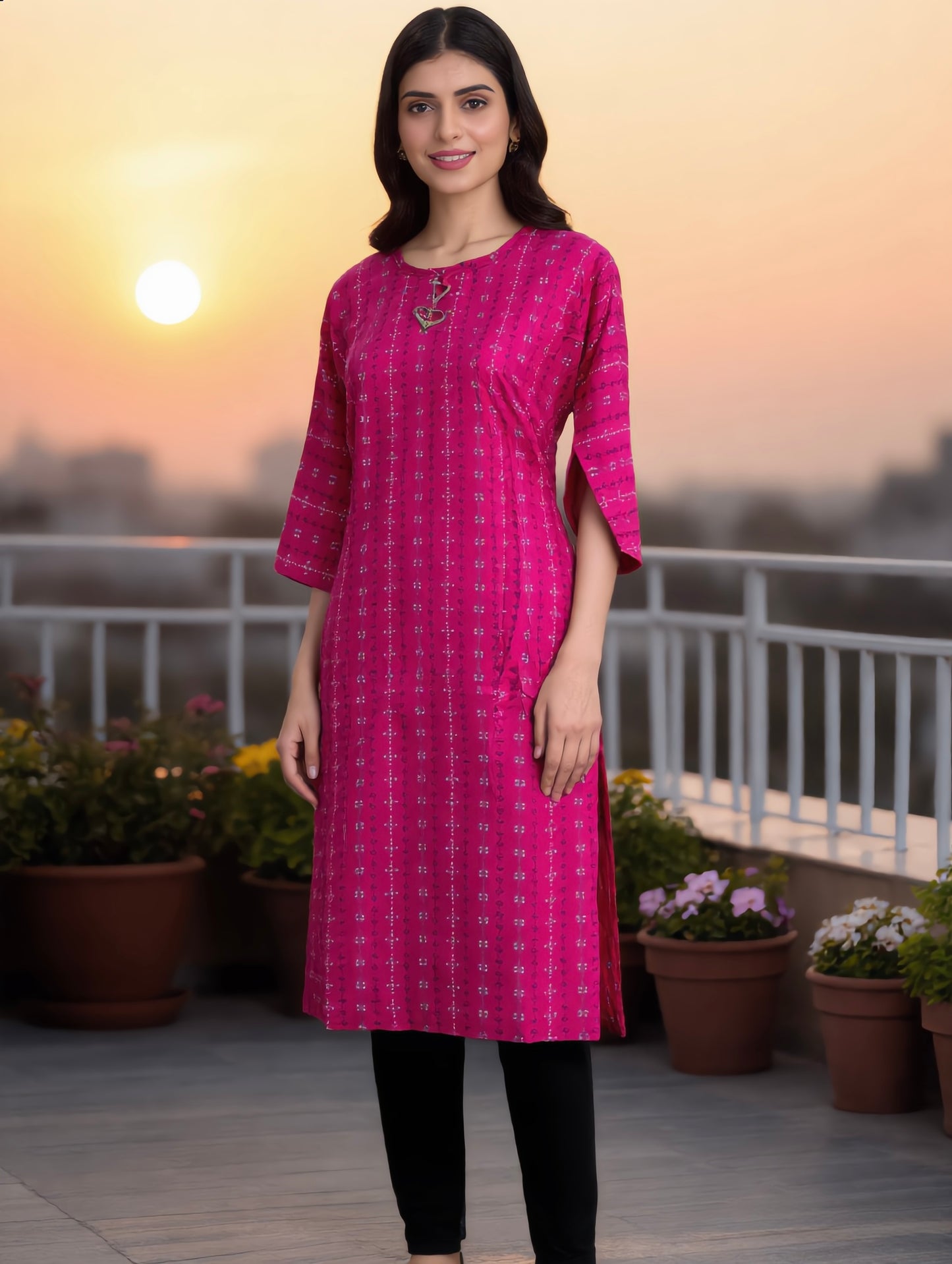 Rani Pink Vertical Stripe Floral Print Rayon Kurti