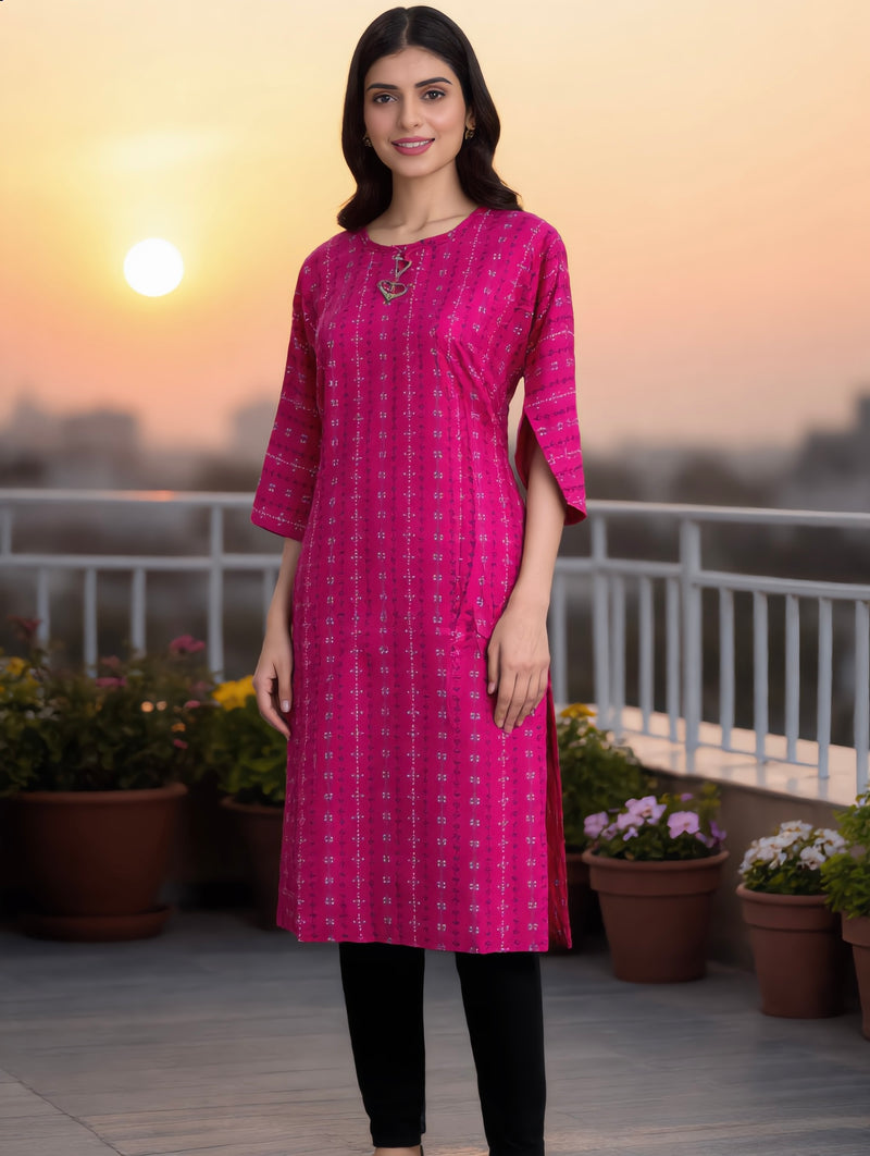 Rani Pink Vertical Stripe Floral Print Rayon Kurti