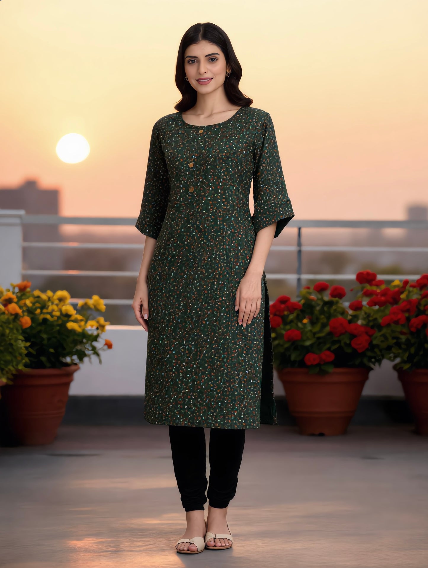Bottle Green Confetti Floral Print Rayon Kurti