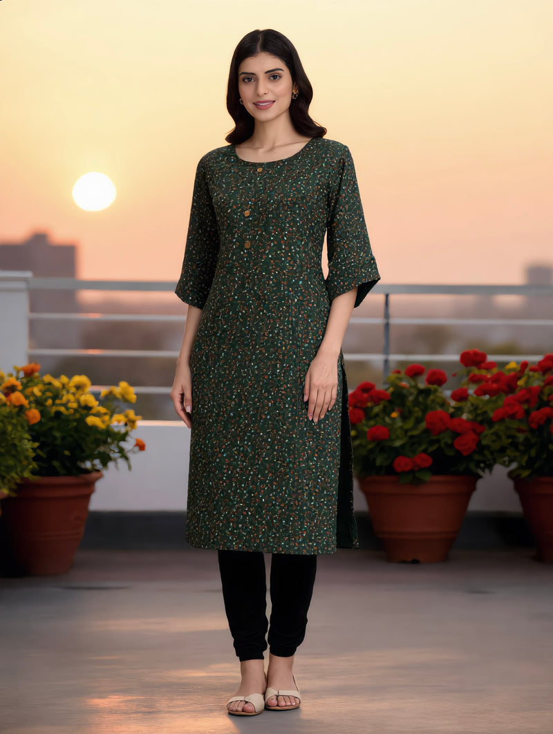 Bottle Green Confetti Floral Print Rayon Kurti