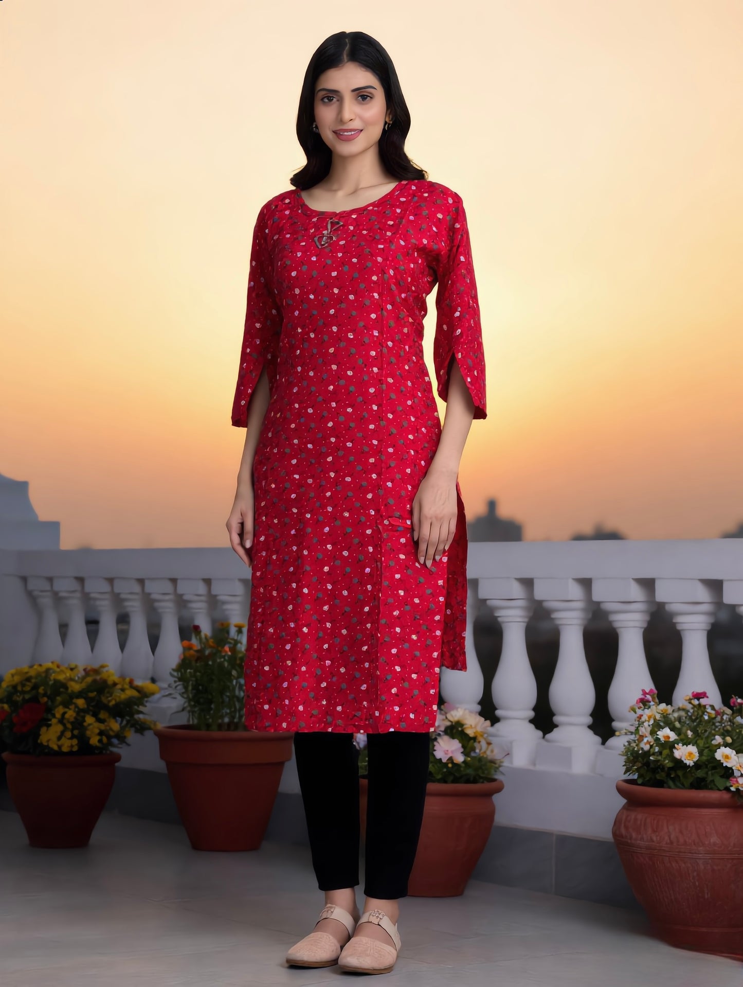 Bright Red Ditsy Floral Print Rayon Kurti
