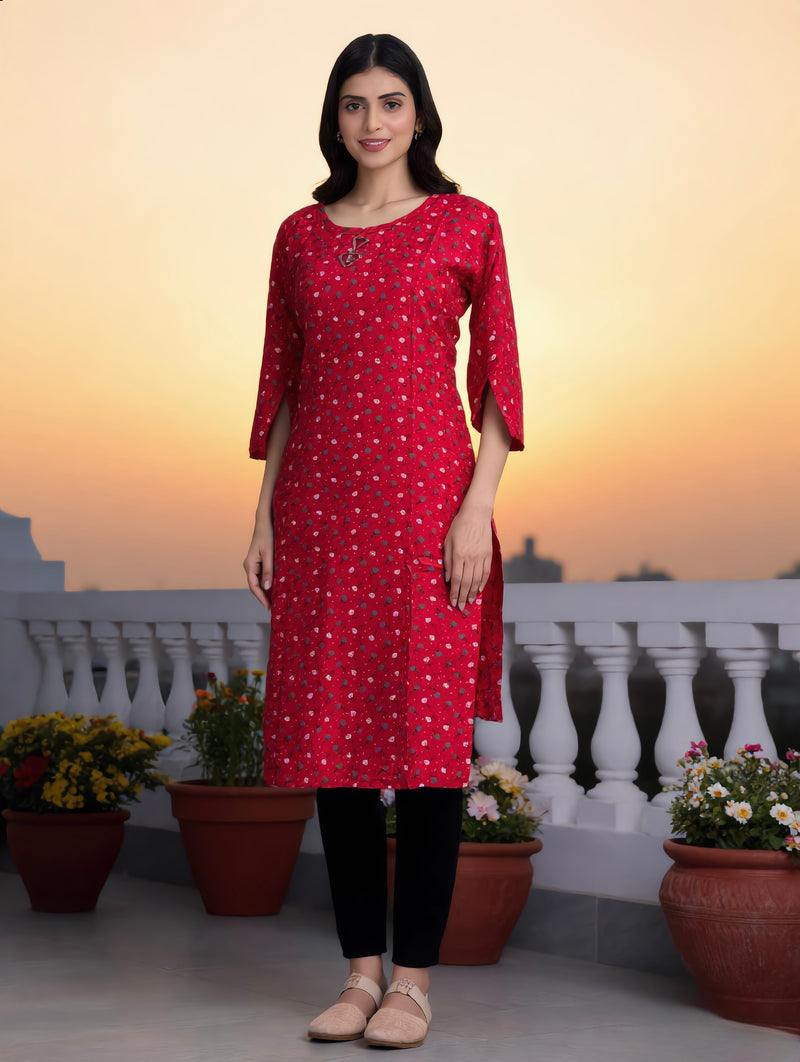 Bright Red Ditsy Floral Print Rayon Kurti