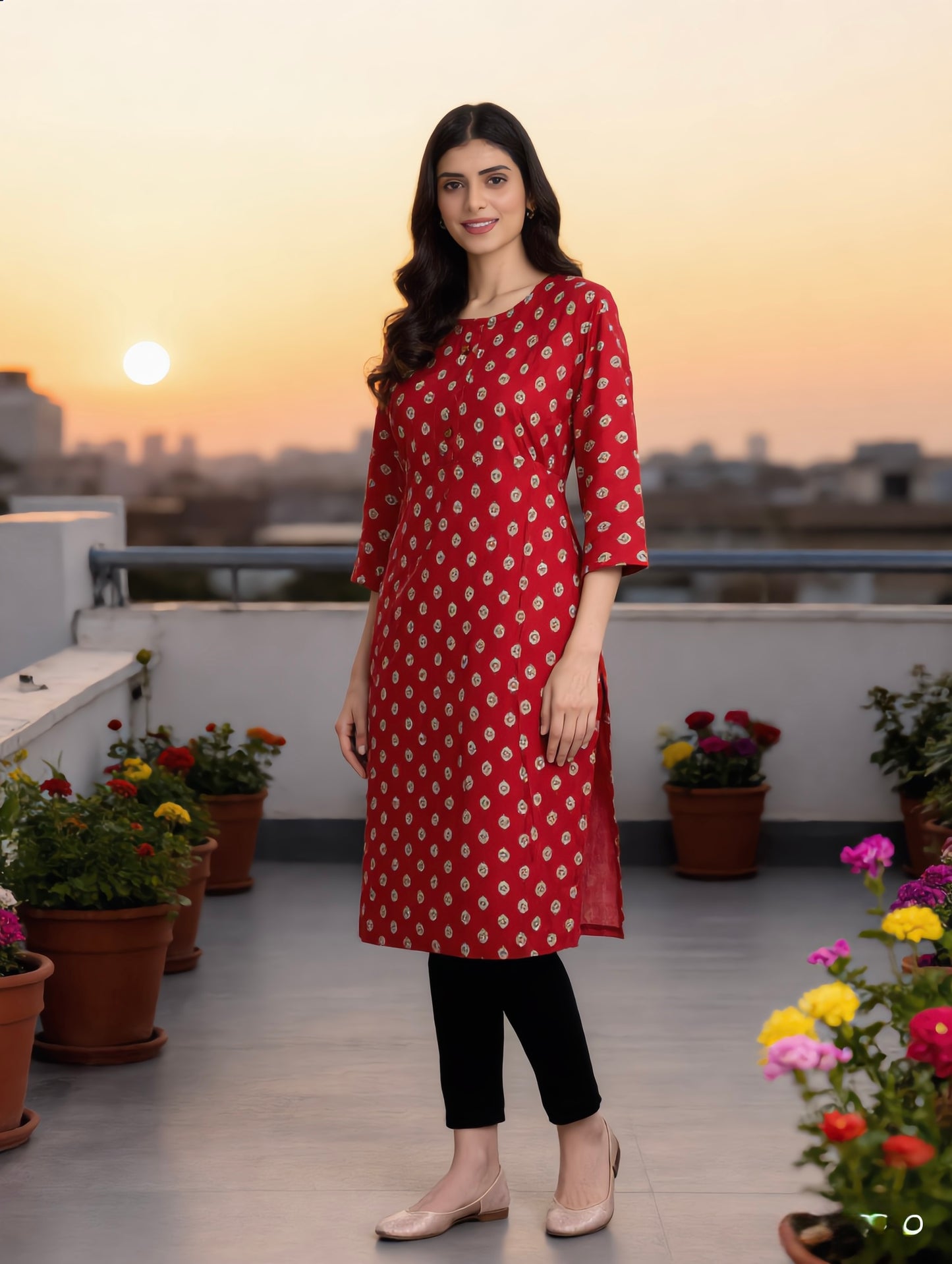 Crimson Red Ikat Boota Print Rayon Kurti