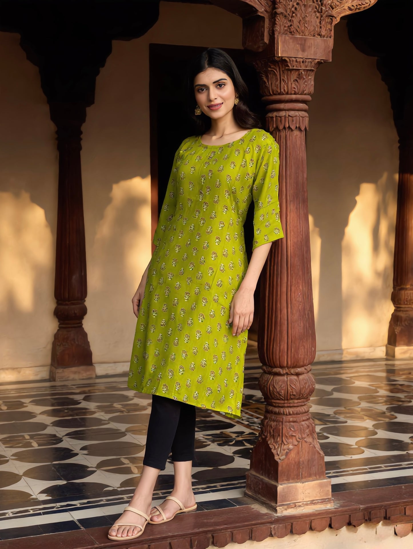 Lime Green Mughal Floral Boota Print Rayon Kurti