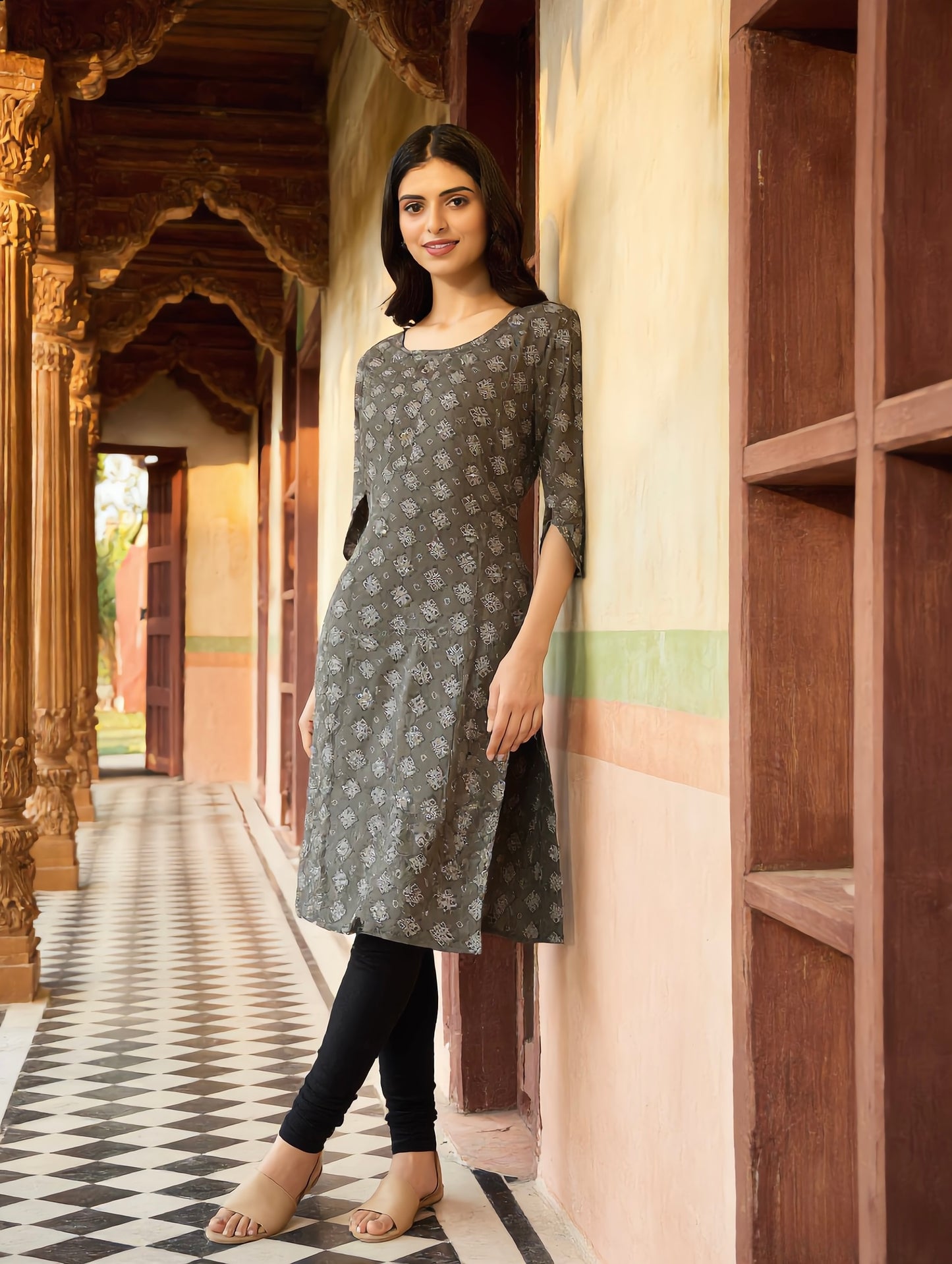 Charcoal Grey Geometric Boota Print Rayon Kurti