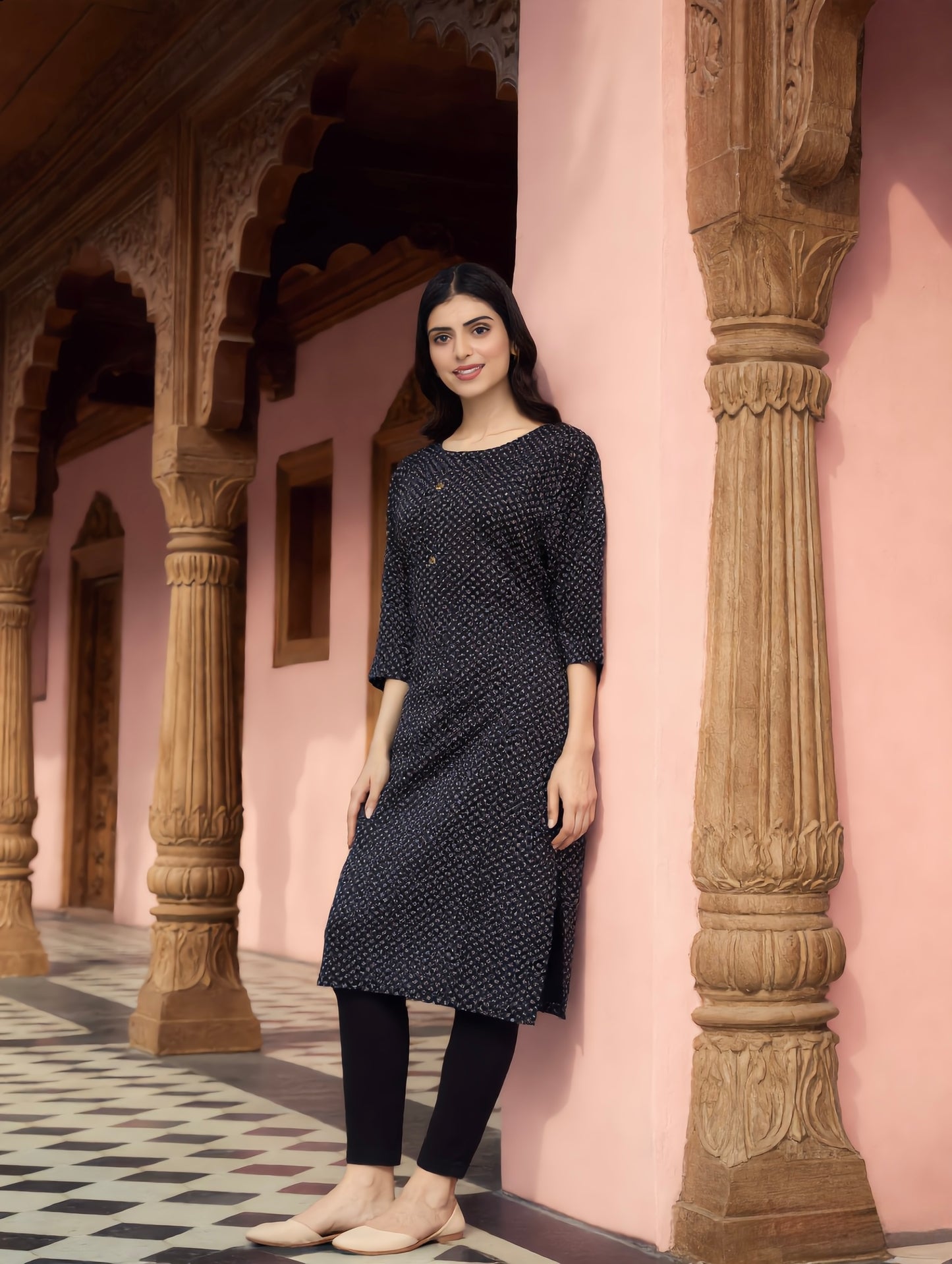 Midnight Black Ditsy Floral Print Rayon Kurti