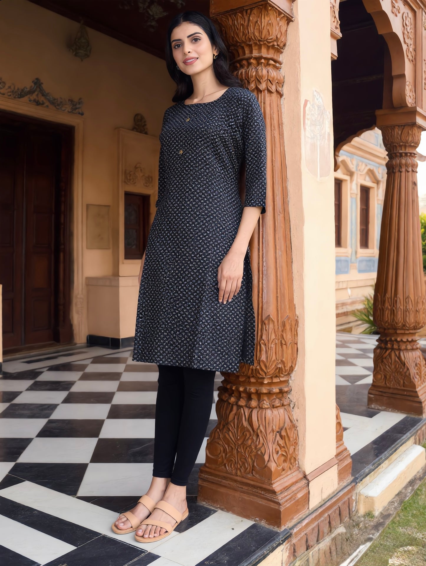 Midnight Black Ditsy Floral Print Rayon Kurti