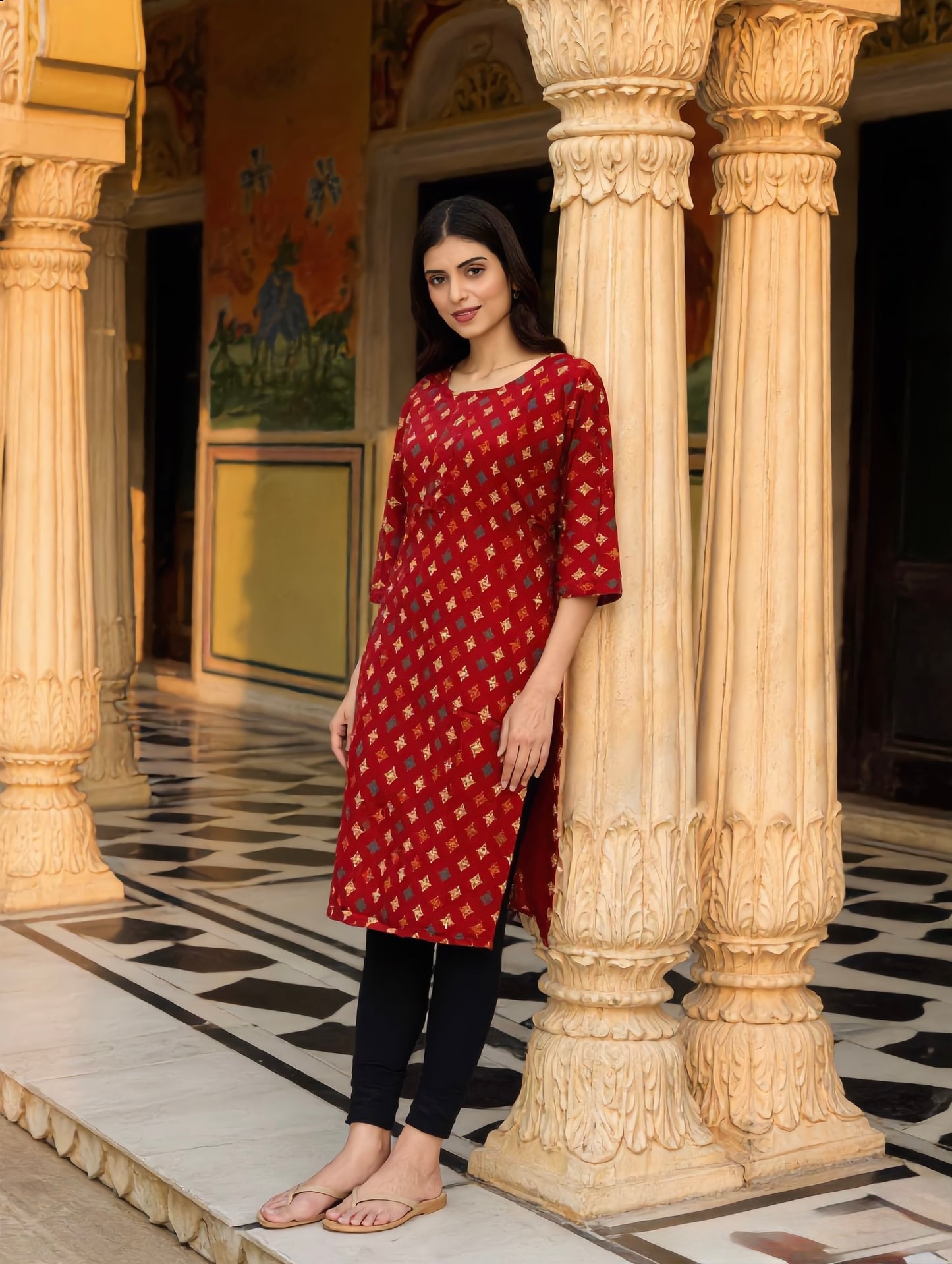 Maroon Multi Colour Ikat Diamond Print Rayon Kurti
