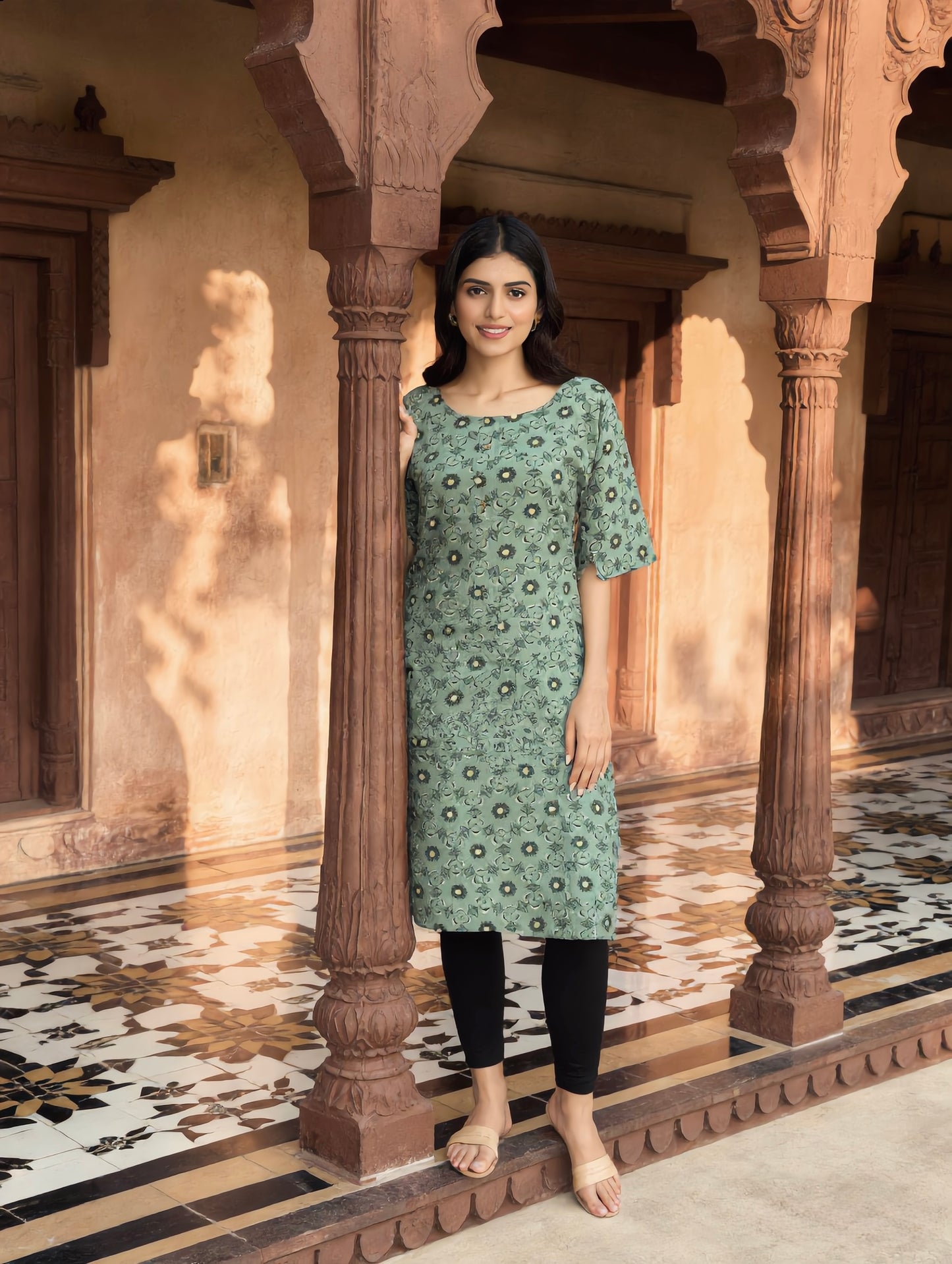 Sage Green All Over Floral Print Rayon Kurti